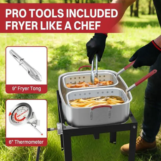 Alt view image 5 of 7 - 18QT Outdoor Propane Fish Fryer | 50,000 BTU Propane Deep Fryer | Includes 2 Baskets | Lid | Cover | 9" Fryer Tong & 6" Thermometer | Perfect for Cooking Fish, Chicken Wings, and Fries