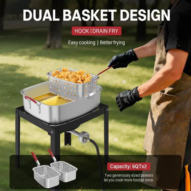 Alt view image 6 of 7 - 18QT Outdoor Propane Fish Fryer | 50,000 BTU Propane Deep Fryer | Includes 2 Baskets | Lid | Cover | 9" Fryer Tong & 6" Thermometer | Perfect for Cooking Fish, Chicken Wings, and Fries