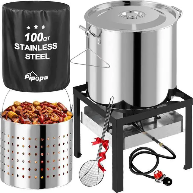 Main image of 100QT Crawfish Boiler | Stainless Steel Seafood Boil Pot with Basket | Cover & 18" Skimmer Included | 110,000 BTU Propane Jet Burner | 20 PSI CSA Regulator | Outdoor Backyard Cajun Seafood Cooker