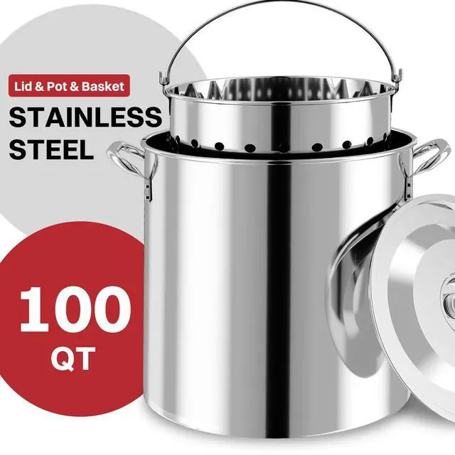 Alt view image 3 of 7 - 100QT Crawfish Boiler | Stainless Steel Seafood Boil Pot with Basket | Cover & 18" Skimmer Included | 110,000 BTU Propane Jet Burner | 20 PSI CSA Regulator | Outdoor Backyard Cajun Seafood Cooker