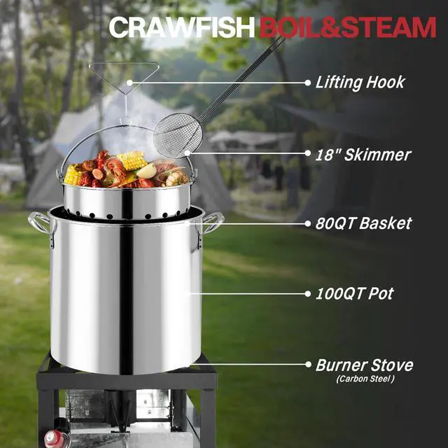 Alt view image 5 of 7 - 100QT Crawfish Boiler | Stainless Steel Seafood Boil Pot with Basket | Cover & 18" Skimmer Included | 110,000 BTU Propane Jet Burner | 20 PSI CSA Regulator | Outdoor Backyard Cajun Seafood Cooker
