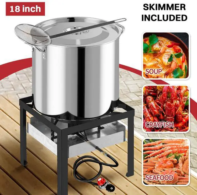 Alt view image 6 of 7 - 100QT Crawfish Boiler | Stainless Steel Seafood Boil Pot with Basket | Cover & 18" Skimmer Included | 110,000 BTU Propane Jet Burner | 20 PSI CSA Regulator | Outdoor Backyard Cajun Seafood Cooker