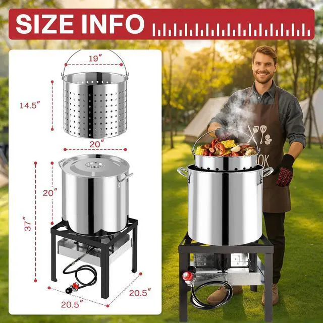 Alt view image 7 of 7 - 100QT Crawfish Boiler | Stainless Steel Seafood Boil Pot with Basket | Cover & 18" Skimmer Included | 110,000 BTU Propane Jet Burner | 20 PSI CSA Regulator | Outdoor Backyard Cajun Seafood Cooker