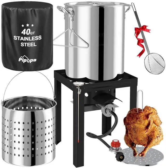 Main image of 40QT Turkey Fryer Set | Stainless Steel | Outdoor Fryer | Cover & Skimmer Included | 50,000 BTU Propane Burner | Seafood Boil & Crawfish Boiler | Perfect for Holiday and Seasonal Cooking