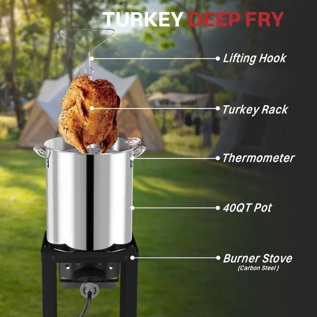 Alt view image 5 of 7 - 40QT Turkey Fryer Set | Stainless Steel | Outdoor Fryer | Cover & Skimmer Included | 50,000 BTU Propane Burner | Seafood Boil & Crawfish Boiler | Perfect for Holiday and Seasonal Cooking