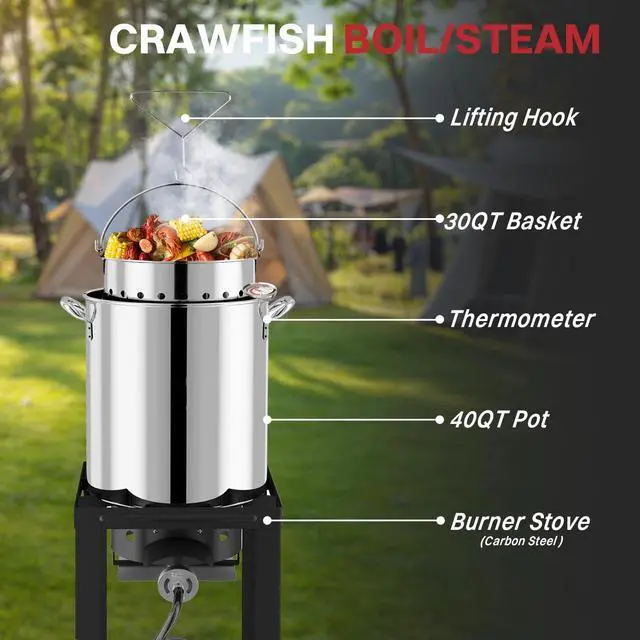 Alt view image 6 of 7 - 40QT Turkey Fryer Set | Stainless Steel | Outdoor Fryer | Cover & Skimmer Included | 50,000 BTU Propane Burner | Seafood Boil & Crawfish Boiler | Perfect for Holiday and Seasonal Cooking
