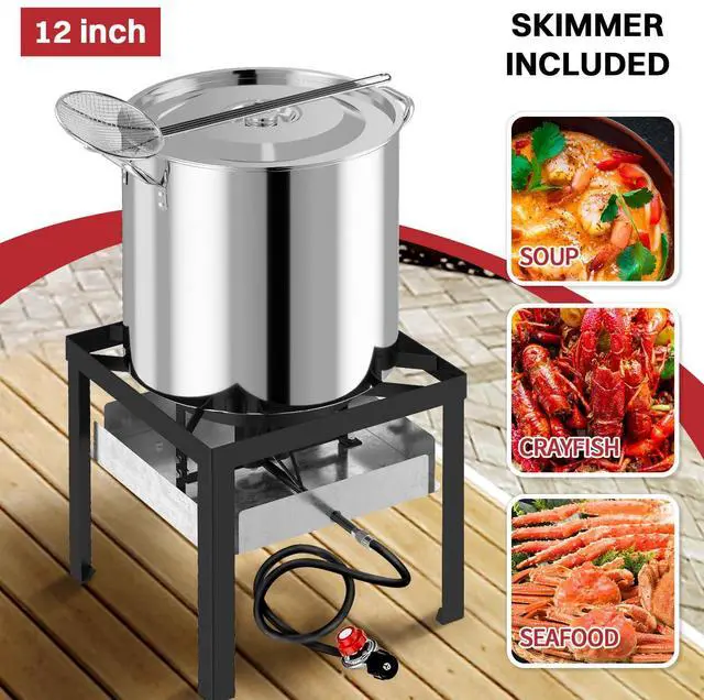 Alt view image 6 of 7 - 50QT Crawfish Boiler | Stainless Steel Seafood Boil Pot with Basket | Cover & 12" Skimmer Included | 110,000 BTU Propane Jet Burner | 20 PSI CSA Regulator | Outdoor Backyard Cajun Seafood Cooker