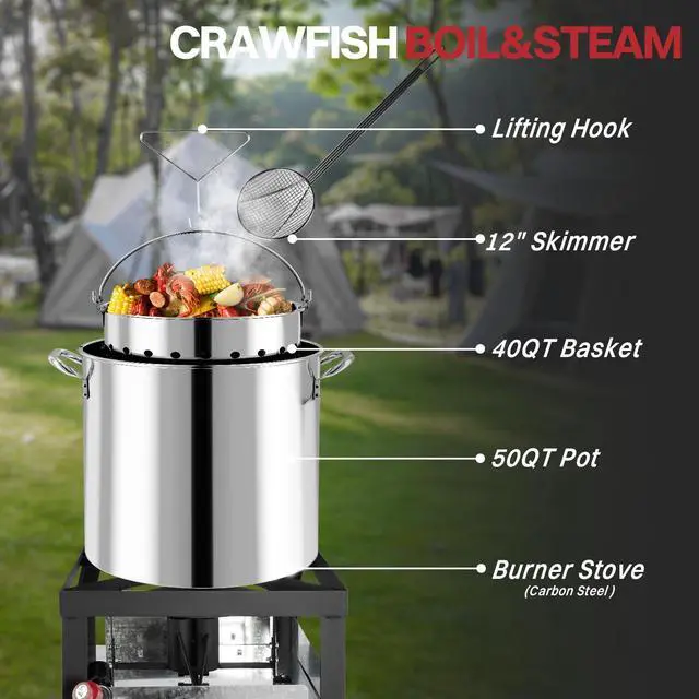 Alt view image 5 of 7 - 50QT Crawfish Boiler | Stainless Steel Seafood Boil Pot with Basket | Cover & 12" Skimmer Included | 110,000 BTU Propane Jet Burner | 20 PSI CSA Regulator | Outdoor Backyard Cajun Seafood Cooker
