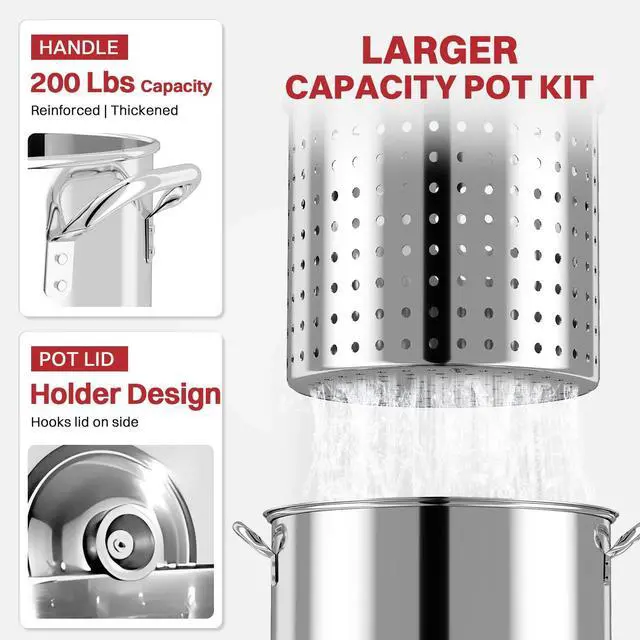 Alt view image 4 of 7 - 60QT Crawfish Boiler | Stainless Steel Seafood Boil Pot with Basket | Cover & 12" Skimmer Included | 110,000 BTU Propane Jet Burner | 20 PSI CSA Regulator | Outdoor Backyard Cajun Seafood Cooker