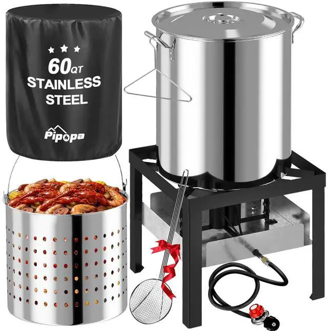 Main image of 60QT Crawfish Boiler | Stainless Steel Seafood Boil Pot with Basket | Cover & 12" Skimmer Included | 110,000 BTU Propane Jet Burner | 20 PSI CSA Regulator | Outdoor Backyard Cajun Seafood Cooker