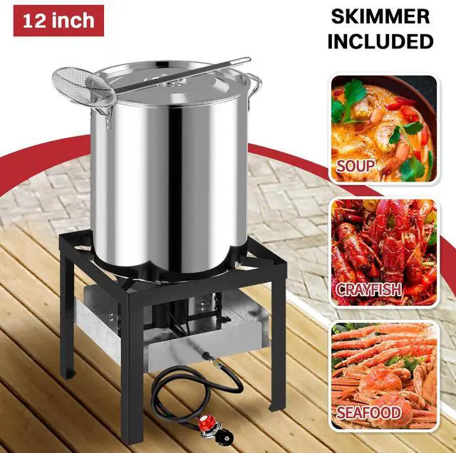 Alt view image 6 of 7 - 60QT Crawfish Boiler | Stainless Steel Seafood Boil Pot with Basket | Cover & 12" Skimmer Included | 110,000 BTU Propane Jet Burner | 20 PSI CSA Regulator | Outdoor Backyard Cajun Seafood Cooker