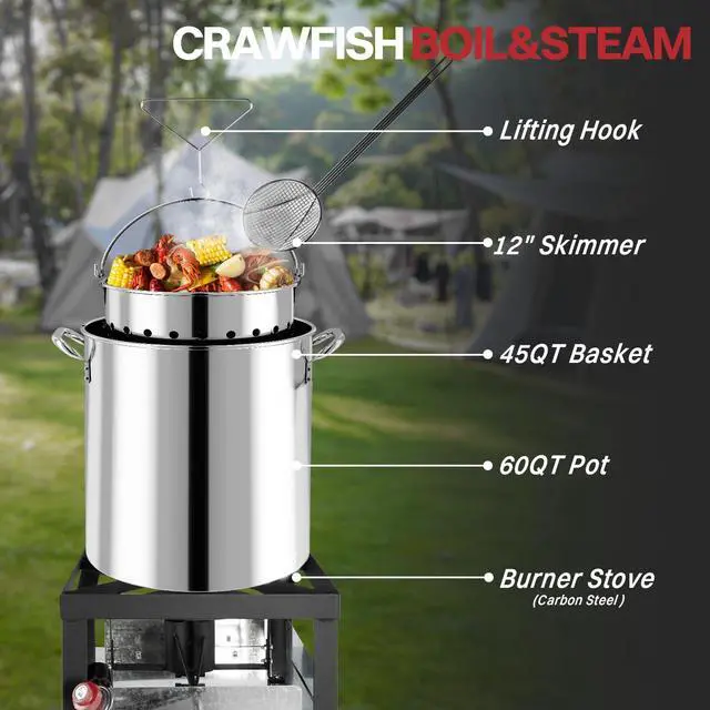 Alt view image 5 of 7 - 60QT Crawfish Boiler | Stainless Steel Seafood Boil Pot with Basket | Cover & 12" Skimmer Included | 110,000 BTU Propane Jet Burner | 20 PSI CSA Regulator | Outdoor Backyard Cajun Seafood Cooker