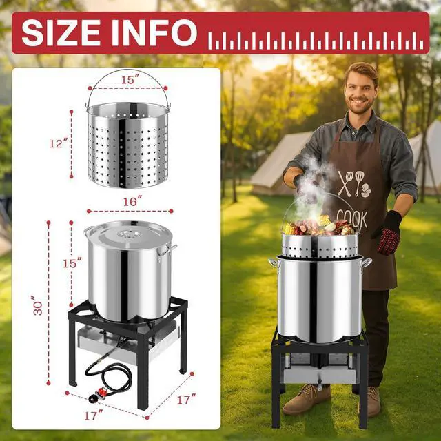 Alt view image 7 of 7 - 50QT Crawfish Boiler | Stainless Steel Seafood Boil Pot with Basket | Cover & 12" Skimmer Included | 110,000 BTU Propane Jet Burner | 20 PSI CSA Regulator | Outdoor Backyard Cajun Seafood Cooker