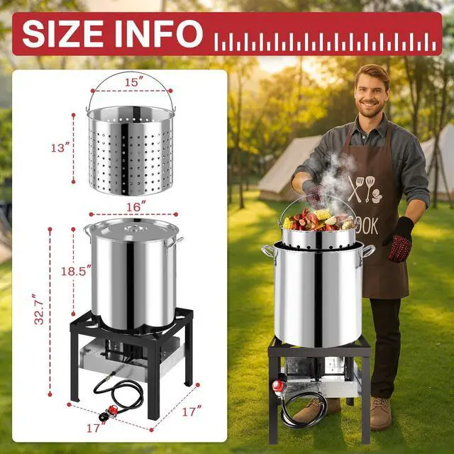 Alt view image 7 of 7 - 60QT Crawfish Boiler | Stainless Steel Seafood Boil Pot with Basket | Cover & 12" Skimmer Included | 110,000 BTU Propane Jet Burner | 20 PSI CSA Regulator | Outdoor Backyard Cajun Seafood Cooker