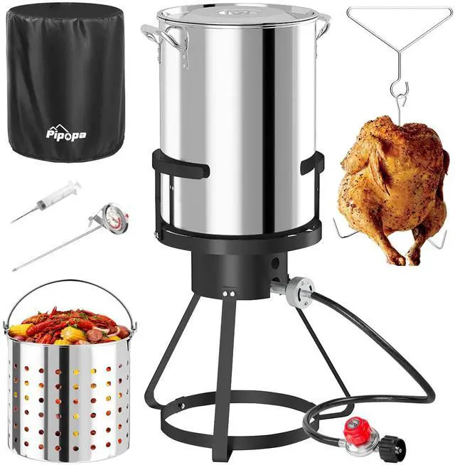 Main image of 30QT Stainless Steel Turkey Fryer | Outdoor Fryers | Waterproof Cover & Basket Included | 50,000 BTU Propane Burner | Ideal for Turkey, Seafood Boil & Cajun Cooking