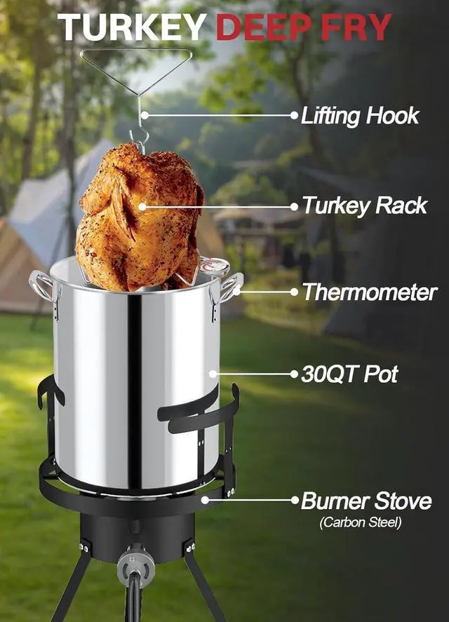 Alt view image 5 of 7 - 30QT Stainless Steel Turkey Fryer | Outdoor Fryers | Waterproof Cover & Basket Included | 50,000 BTU Propane Burner | Ideal for Turkey, Seafood Boil & Cajun Cooking
