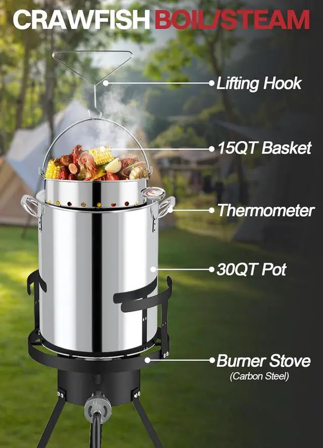 Alt view image 6 of 7 - 30QT Stainless Steel Turkey Fryer | Outdoor Fryers | Waterproof Cover & Basket Included | 50,000 BTU Propane Burner | Ideal for Turkey, Seafood Boil & Cajun Cooking