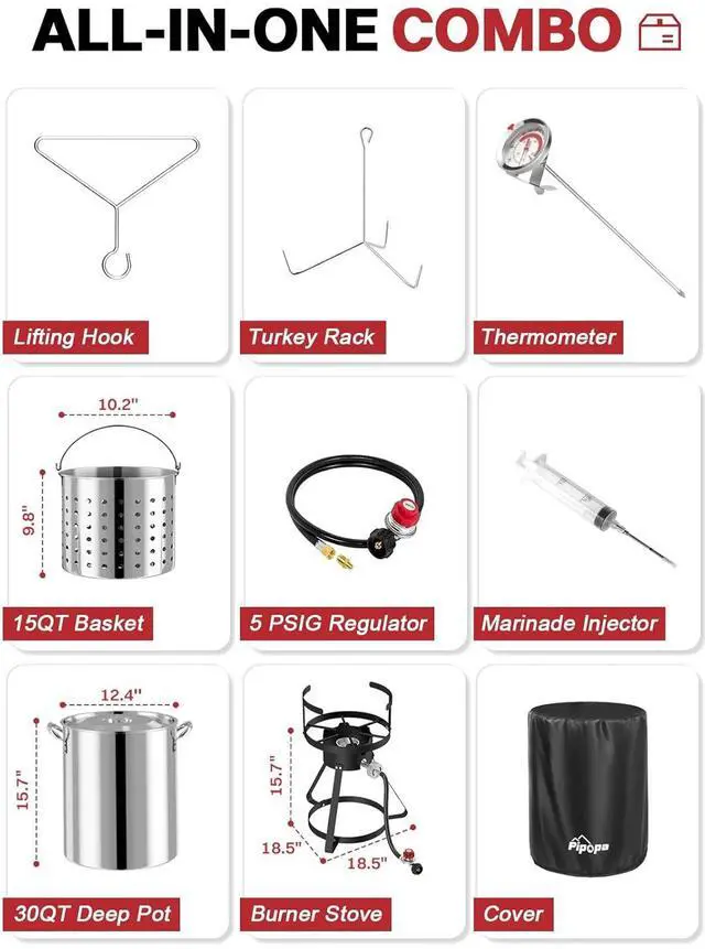 Alt view image 7 of 7 - 30QT Stainless Steel Turkey Fryer | Outdoor Fryers | Waterproof Cover & Basket Included | 50,000 BTU Propane Burner | Ideal for Turkey, Seafood Boil & Cajun Cooking