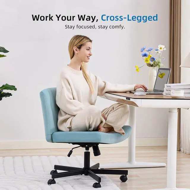 Alt view image 3 of 7 - Criss Cross Chair, Wide Cross Legged Desk Chair with Wheels, Comfy Fabric Vanity Chair for Home Office, Adjustable Armless Swivel Task Chair with 90115°Tilt300Lbs/Blue