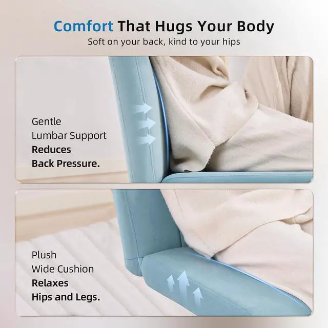 Alt view image 4 of 7 - Criss Cross Chair, Wide Cross Legged Desk Chair with Wheels, Comfy Fabric Vanity Chair for Home Office, Adjustable Armless Swivel Task Chair with 90115°Tilt300Lbs/Blue