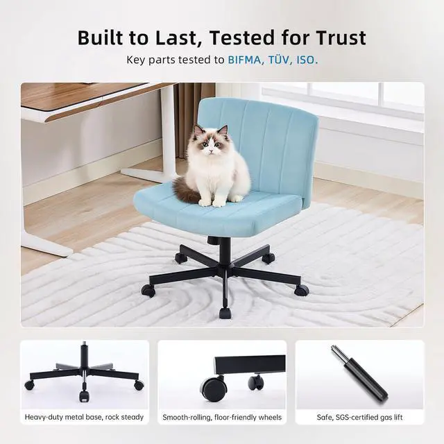 Alt view image 5 of 7 - Criss Cross Chair, Wide Cross Legged Desk Chair with Wheels, Comfy Fabric Vanity Chair for Home Office, Adjustable Armless Swivel Task Chair with 90115°Tilt300Lbs/Blue