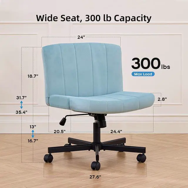 Alt view image 2 of 7 - Criss Cross Chair, Wide Cross Legged Desk Chair with Wheels, Comfy Fabric Vanity Chair for Home Office, Adjustable Armless Swivel Task Chair with 90115°Tilt300Lbs/Blue