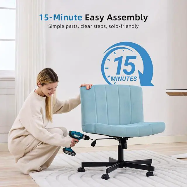 Alt view image 7 of 7 - Criss Cross Chair, Wide Cross Legged Desk Chair with Wheels, Comfy Fabric Vanity Chair for Home Office, Adjustable Armless Swivel Task Chair with 90115°Tilt300Lbs/Blue