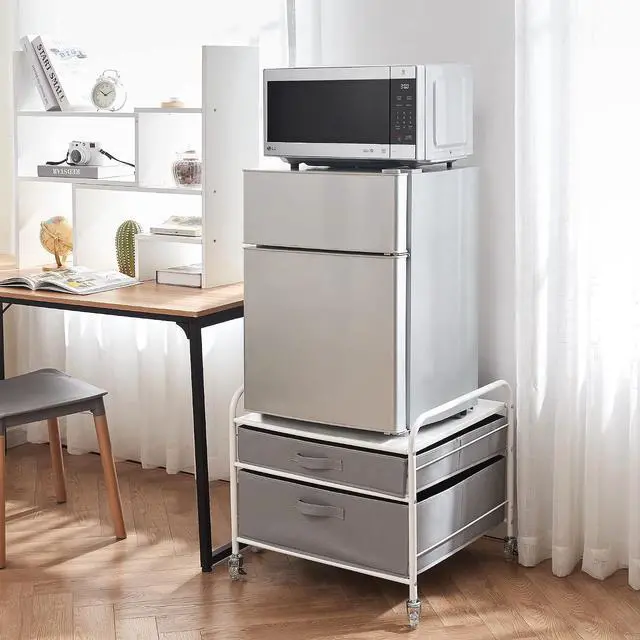 Main image of Mini-Fridge Stand on Wheels - Supreme Organization - White Metal Frame with Gray Drawers