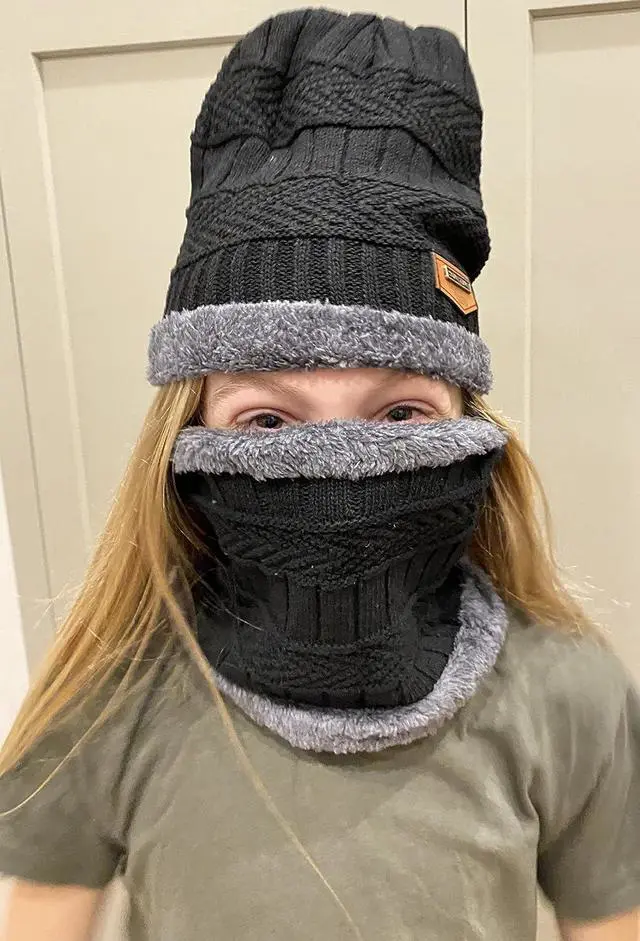 Alt view image 2 of 2 - Bundle Up Beanie Set - Unisex Youth Hat and Neck Warmer - Black/Gray