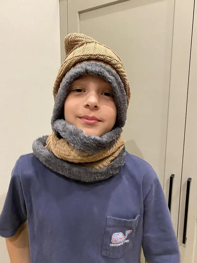 Alt view image 2 of 3 - Bundle Up Beanie Set - Unisex Youth Hat and Neck Warmer - Khaki/Gray