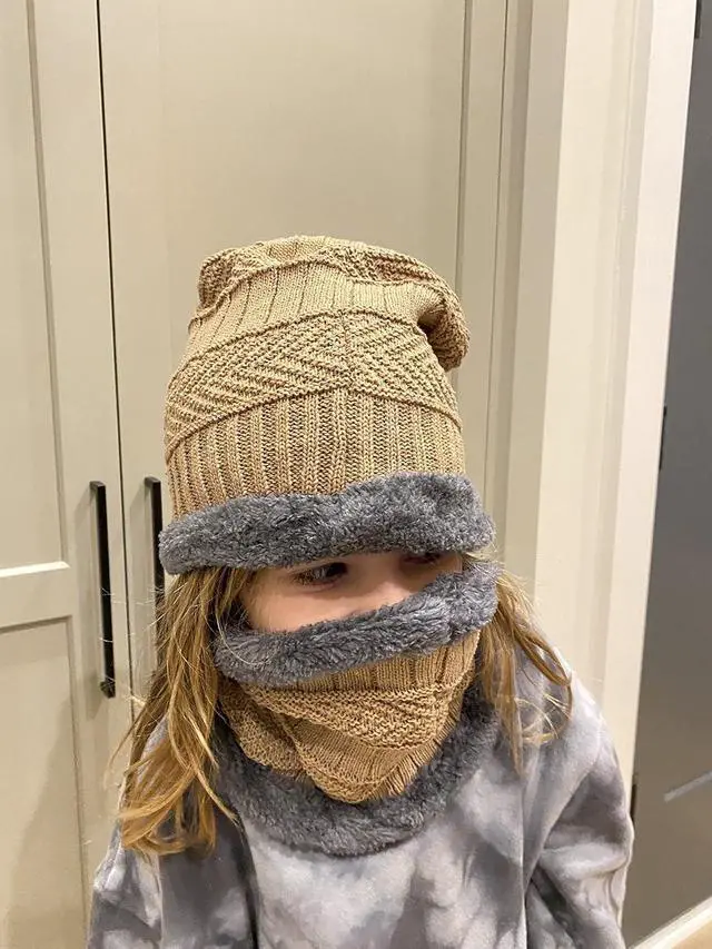 Alt view image 3 of 3 - Bundle Up Beanie Set - Unisex Youth Hat and Neck Warmer - Khaki/Gray
