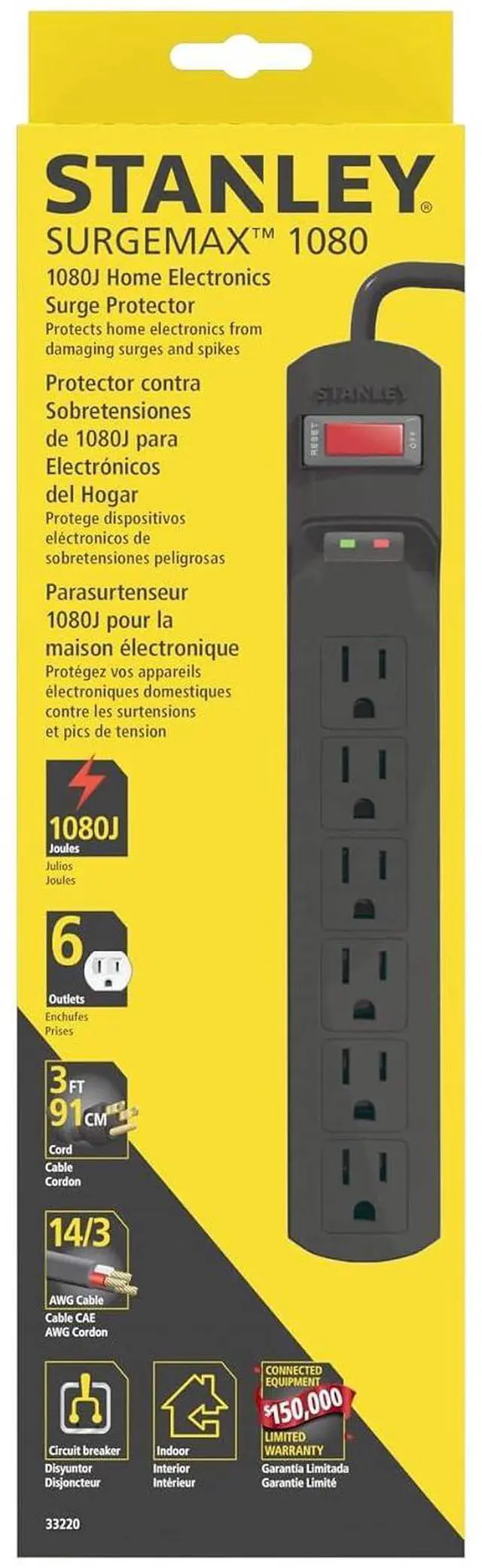 Alt view image 3 of 3 - Stanley Indoor Surge Protector Power Strip with 6 Outlets 1080 Joules 3 Ft 14/3 AWG Extension Cord 125V/15A 1875W Circuit Breaker ETL Listed Black Cable for Home Office Use