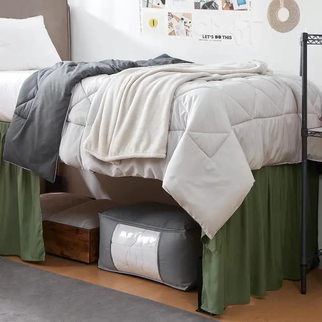 Alt view image 2 of 3 - Dorm Sized Bed Skirt Panel with Ties (3 Panel Set) - Hero Green - 30" Drop Length