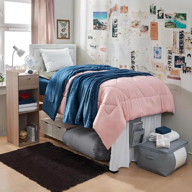 Alt view image 2 of 3 - Fully-Loaded - Twin XL Dorm Bedding + Essentials Package - Silver Pink/Nightfall Navy Color Set