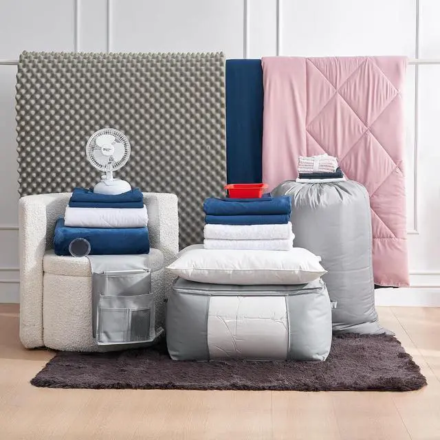 Alt view image 3 of 3 - Fully-Loaded - Twin XL Dorm Bedding + Essentials Package - Silver Pink/Nightfall Navy Color Set