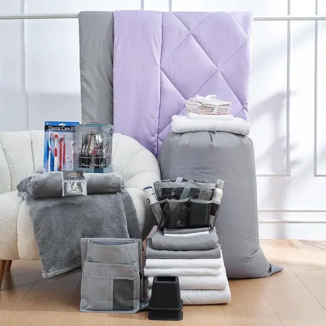 Alt view image 3 of 3 - 44-Piece Dorm Essentials Set - Twin XL Bedding & Supplies Pack, Purple/Gray | Complete Dorm Supplies Bundle for College Freshmen Essentials