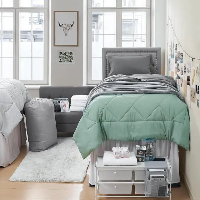 Alt view image 2 of 3 - 44-Piece Dorm Supplies Set - Twin XL Bedding & Essentials Pack, Green/Gray | Complete Dorm Supplies Bundle for College Freshmen Essentials