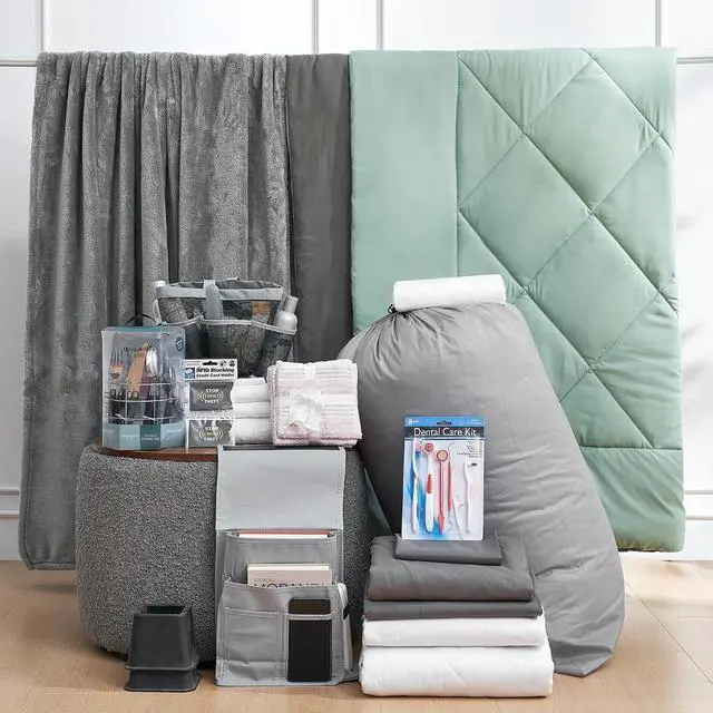 Alt view image 3 of 3 - 44-Piece Dorm Supplies Set - Twin XL Bedding & Essentials Pack, Green/Gray | Complete Dorm Supplies Bundle for College Freshmen Essentials