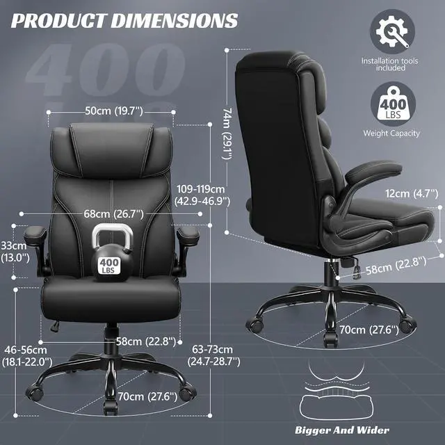 Alt view image 2 of 7 - Office Chair, Ergonomic Big and Tall Computer Desk Chairs, Executive Breathable Leather Chair with Adjustable Flip-up Armrests, Lumbar Support Swivel PC Chair with Rocking Function,Matte Black