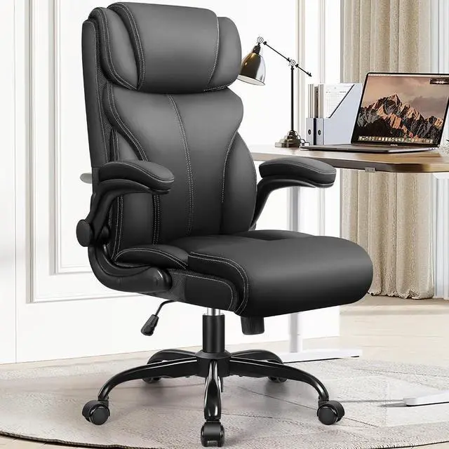Main image of Office Chair, Ergonomic Big and Tall Computer Desk Chairs, Executive Breathable Leather Chair with Adjustable Flip-up Armrests, Lumbar Support Swivel PC Chair with Rocking Function,Matte Black