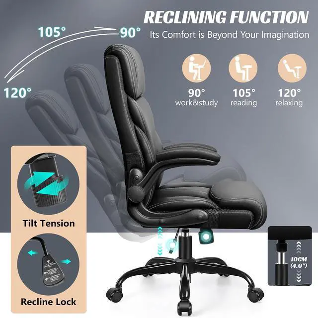 Alt view image 5 of 7 - Office Chair, Ergonomic Big and Tall Computer Desk Chairs, Executive Breathable Leather Chair with Adjustable Flip-up Armrests, Lumbar Support Swivel PC Chair with Rocking Function,Matte Black