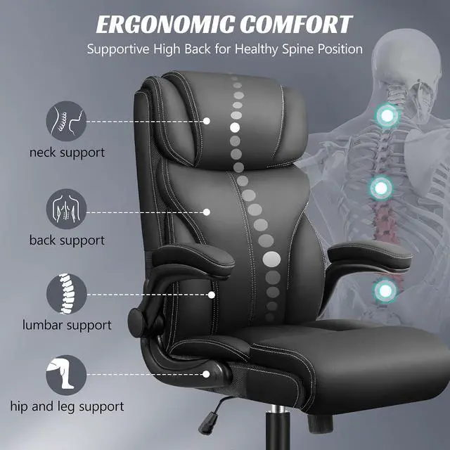 Alt view image 4 of 7 - Office Chair, Ergonomic Big and Tall Computer Desk Chairs, Executive Breathable Leather Chair with Adjustable Flip-up Armrests, Lumbar Support Swivel PC Chair with Rocking Function,Matte Black