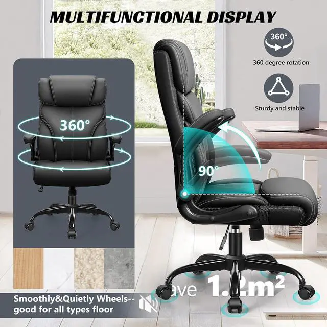 Alt view image 6 of 7 - Office Chair, Ergonomic Big and Tall Computer Desk Chairs, Executive Breathable Leather Chair with Adjustable Flip-up Armrests, Lumbar Support Swivel PC Chair with Rocking Function,Matte Black