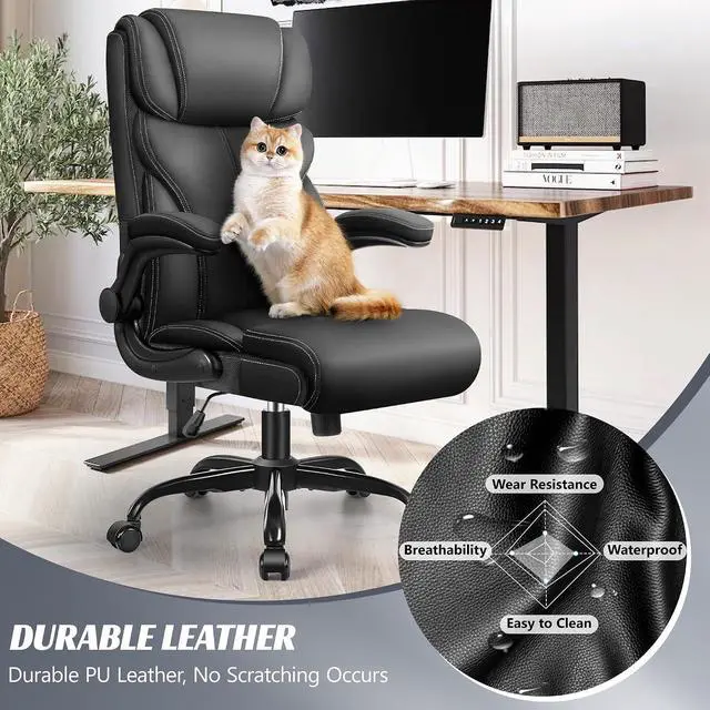 Alt view image 3 of 7 - Office Chair, Ergonomic Big and Tall Computer Desk Chairs, Executive Breathable Leather Chair with Adjustable Flip-up Armrests, Lumbar Support Swivel PC Chair with Rocking Function,Matte Black