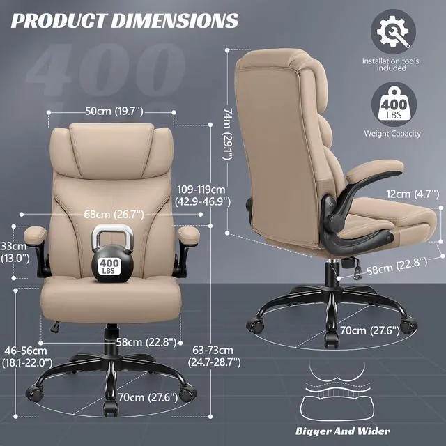 Alt view image 2 of 7 - Office Chair, Ergonomic Big and Tall Computer Desk Chairs, Executive Breathable Leather Chair with Adjustable Flip-up Armrests, Lumbar Support Swivel PC Chair with Rocking Function,Khaki