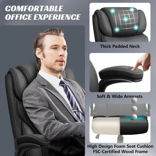 Alt view image 7 of 7 - Office Chair, Ergonomic Big and Tall Computer Desk Chairs, Executive Breathable Leather Chair with Adjustable Flip-up Armrests, Lumbar Support Swivel PC Chair with Rocking Function,Matte Black