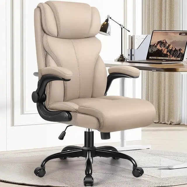 Main image of Office Chair, Ergonomic Big and Tall Computer Desk Chairs, Executive Breathable Leather Chair with Adjustable Flip-up Armrests, Lumbar Support Swivel PC Chair with Rocking Function,Khaki