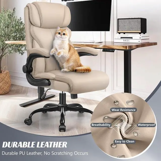 Alt view image 3 of 7 - Office Chair, Ergonomic Big and Tall Computer Desk Chairs, Executive Breathable Leather Chair with Adjustable Flip-up Armrests, Lumbar Support Swivel PC Chair with Rocking Function,Khaki