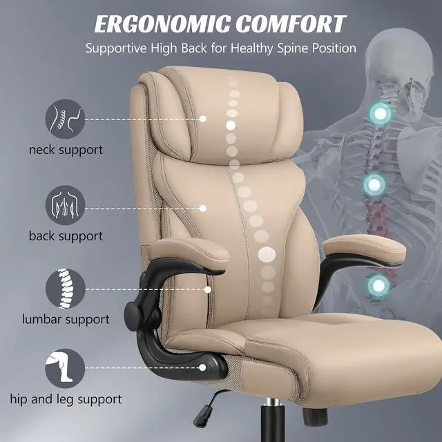 Alt view image 4 of 7 - Office Chair, Ergonomic Big and Tall Computer Desk Chairs, Executive Breathable Leather Chair with Adjustable Flip-up Armrests, Lumbar Support Swivel PC Chair with Rocking Function,Khaki