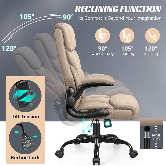 Alt view image 5 of 7 - Office Chair, Ergonomic Big and Tall Computer Desk Chairs, Executive Breathable Leather Chair with Adjustable Flip-up Armrests, Lumbar Support Swivel PC Chair with Rocking Function,Khaki